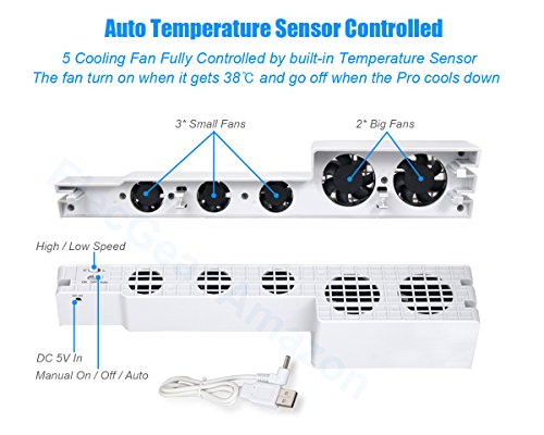 ElecGear PS4 Pro用氷河型白自動冷却ファン、外付けターボUSBクーラーファン、PlayStation 4 Pro CUH-7xxx用の自動温度センサー制御放熱