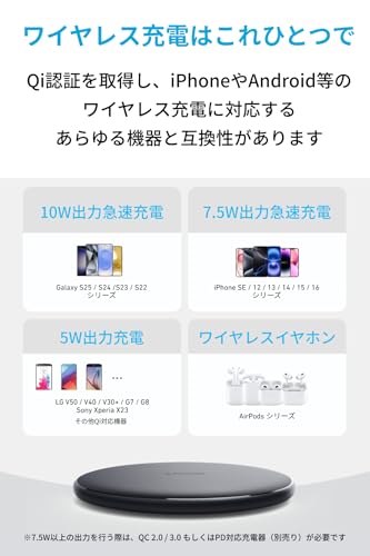 Anker PowerWave 10 Pad ワイヤレス充電器 Qi認証 iPhone 15シリーズ / 14シリーズ Galaxy AirPods 各種対応 最大10W出力 (ブラック)