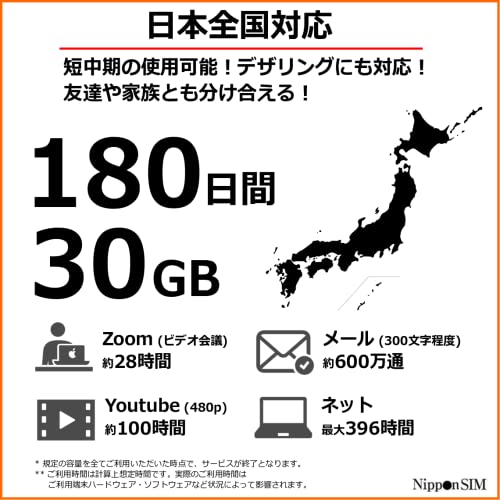 プリペイドsim 日本 simカード 180日間 30GB sim ドコモ通信網 docomo データ通信専用 4G LTE 3in1 (標準/マイクロ/ナノ) simフリー 端末のみ対応 多言語マニュアル付【Nippon SIM for Japan】