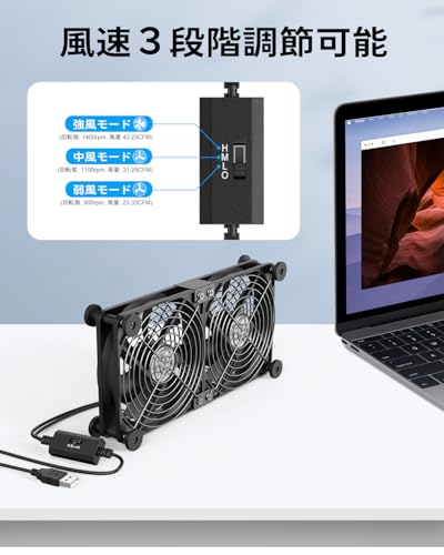 ELUTENG USB 冷却ファン 12cm 2連 USBファン 静音 防振ゴム足付き 3段階風量調節 1400RPM×2 横置き可能 5V 強力 冷却クーラー 薄型 PC/PS5/PS4/ノートパソコン/ルーター/水槽など対応 Dual USB Fan 12cm