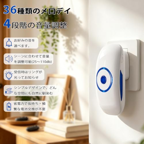 SMGVPET ワイヤレスチャイム 人感センサー チャイム ドアベル 玄関チャイム 36曲 4段階音量調整 非接触(送信機1個 受信機1個) | コードレス 呼び鈴 センサーチャイム 防犯センサー 25~110dB 200M無線範囲 2階・店舗・介護対応 簡単取付け LED発光アラート 日本語取扱説明書