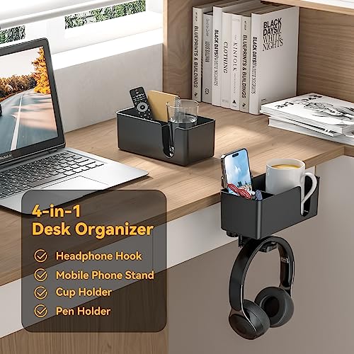 KDD 4 in 1デスクオーガナイザー—ドリンクホルダー付きヘッドホン スタンド—2つワイヤホール付きの卓下 ヘッドホンフック—回転可能なヘッドホンハンガーとスマートフォン、カップ、ペン収納できる取り外し可能な デスクストレージ(黒い)-Cup Holder