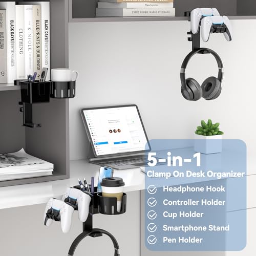 KDD 5 in 1デスクオーガナイザー—回転式ヘッドホン スタンド付きドリンクホルダー—取り外し可能なコントローラー スタンド—ペン立てとカップホルダー付き—卓上収納がカップ、スマホ、ペン、コントローラーとヘッドホンに適用（黒い）