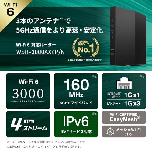 バッファロー Wi-Fi 6 ルーター 2401+573Mbps WSR-3000AX4P/NBK | 【Amazon.co.jp限定】, 11ax, ブラック
