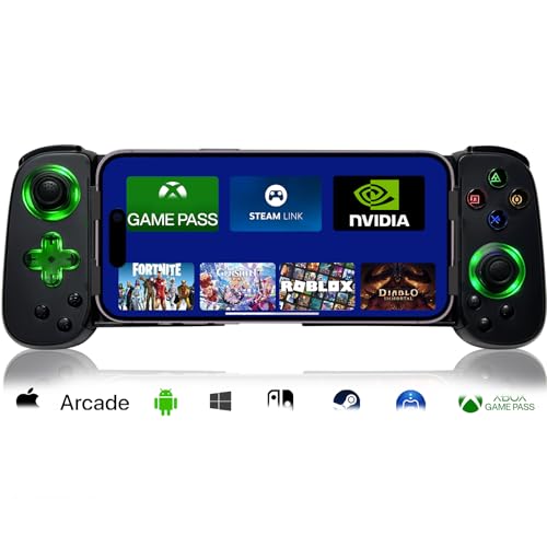 arVin モバイルゲーミングコントローラー（iPhone 16/15/14・iPad・Androidスマホ/タブレット・Switch対応）— PS5/PS4/Xbox/PC用PSリモートプレイ対応ゲームパッド、クラウドゲーミング・アーケード・MFiゲーム・CODM・Roblox対応ワイヤレスジョイスティック (ブラック（緑色ライト）, グリーンライト版 (7))