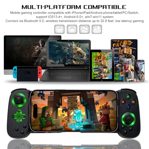 arVin モバイルゲーミングコントローラー（iPhone 16/15/14・iPad・Androidスマホ/タブレット・Switch対応）— PS5/PS4/Xbox/PC用PSリモートプレイ対応ゲームパッド、クラウドゲーミング・アーケード・MFiゲーム・CODM・Roblox対応ワイヤレスジョイスティック (ブラック（緑色ライト）, グリーンライト版 (7))