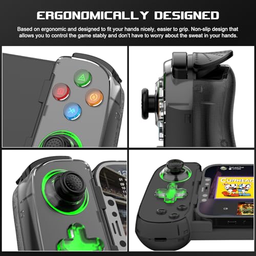 arVin モバイルゲーミングコントローラー（iPhone 16/15/14・iPad・Androidスマホ/タブレット・Switch対応）— PS5/PS4/Xbox/PC用PSリモートプレイ対応ゲームパッド、クラウドゲーミング・アーケード・MFiゲーム・CODM・Roblox対応ワイヤレスジョイスティック (ブラック（緑色ライト）, グリーンライト版 (7))