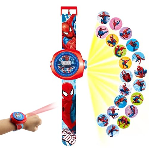 腕時計 ミニプロジェクター 子供の電子時計 キッズ スペシャル プロジェクター ウォッチ 20パターン 夜間照明機能 漫画スパイダーマンプロジェクターウォッチ コスプレ道具 入園 入学 卒園 卒業祝い 誕生日プレゼント (レッド)