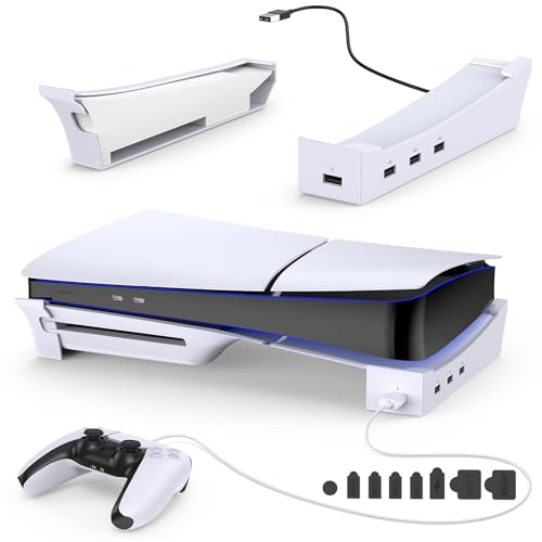 ISTATSO【2025新型PS5 対応】PS5 Slim用 スタンド ps5 横置きスタンド PS5 slim用収納アクセサリー ４つのUSBポート付き 転倒防止 地震対策 傷付き防止 放熱改善 ポートキャップ セット付き PS5 slim ディスク & デジタル版対応(ホワイト)