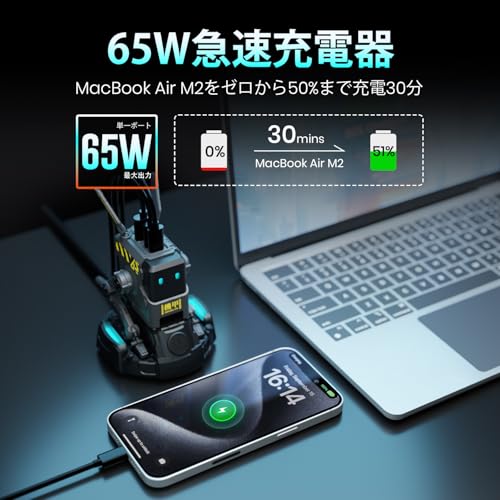 GravaStar ALPHA65 PD 充電器 65W 急速充電器 USB-C*2とUSB-A*1 PD3.0 PPS規格対応 Type-C 3台同時充電 acアダプター Windows PC MacBook iPad Pro iPhone Galaxy Android switch対応 PSE認証済 グレー