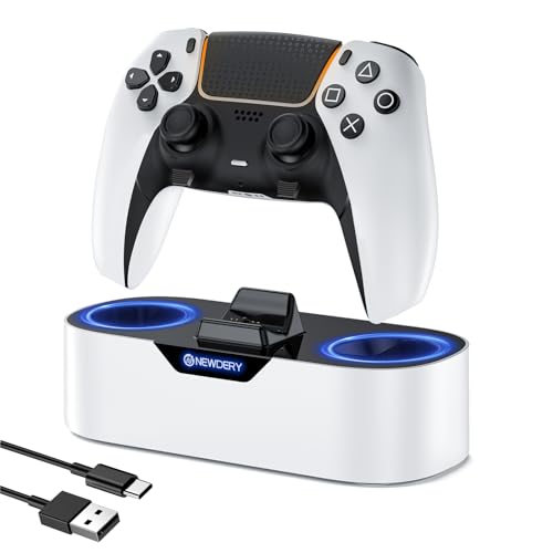 NEWDERY PS5 コントローラー 充電スタンド 収納スタンド 急速充電 置くだけ充電 ps5コントローラー 周辺機器 アクセサリ USB-Cケーブル付属 LED指示ランプ付き 過充電防止 コンパクト 軽量 ホワイト