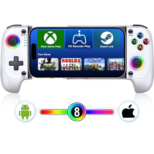 スマホ コントローラー ワイヤレス接続 IOS/Android両用 モバイルゲームコントローラー 伸縮型 PS Remote Play/Xbox Cloud/Steam Link/GeForce Nowゲームなど対応 低遅延 600mAhバッテリー RGBライト白