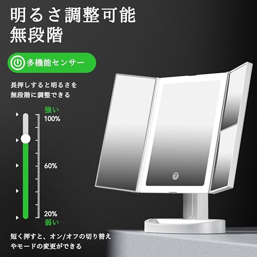 Auxmir 女優ミラー 拡大鏡 卓上ミラー 68個LED ライト付き 三面鏡 卓上鏡 5/10倍 ３光色 折りたたみ 180°回転 2000mAh大容量 鏡 メイク タッチ式 明るさ調節可能 角度調整 収納スペース USB充電 ホワイト
