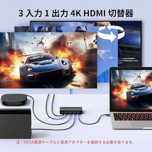 UGREEN HDMI切り替え器 3入力1出力 4K@60Hz リモコン付き HDR10+ CEC HDCP2.2対応 HDMI切替器 Switch/PS5/4/3 Xbox TV Fire Stick Blu-Ray Player対応 手動切り替え
