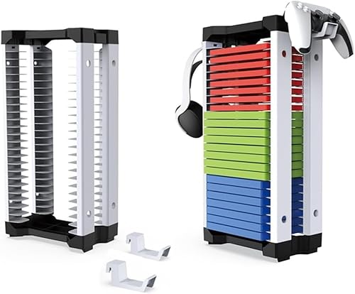 収納タワー for Xbox Switchゲーム用 ストレージスタンド for PS4/PS5 ゲームソフト 3枚収納可能 省スペース ゲームコントラーラ収納フック*2 縦置きスタンド 収納スタンドゲームソフト とコントローラー収納 ホストディスク単層収納ボックスホルダー ゲームディスクタワー垂直スタンド ゲームディスク (2層で46枚のディスクが入ります)