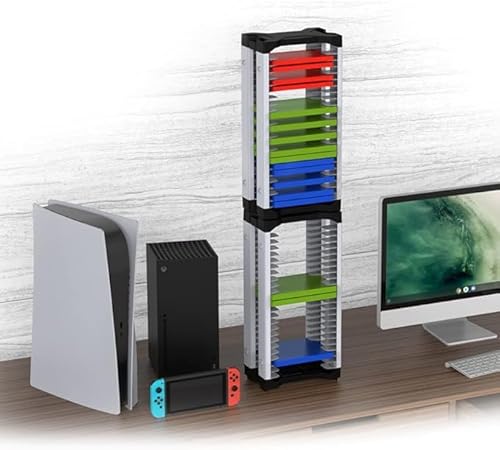 収納タワー for Xbox Switchゲーム用 ストレージスタンド for PS4/PS5 ゲームソフト 3枚収納可能 省スペース ゲームコントラーラ収納フック*2 縦置きスタンド 収納スタンドゲームソフト とコントローラー収納 ホストディスク単層収納ボックスホルダー ゲームディスクタワー垂直スタンド ゲームディスク (2層で46枚のディスクが入ります)