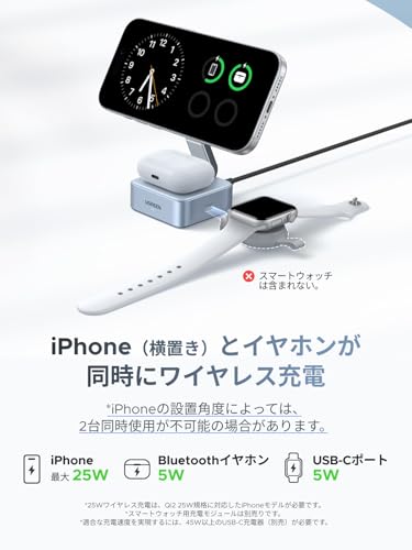 UGREEN MagFlow 【世界初発売 技術革新】25W Qi2 ワイヤレス充電器 超高速・超高効率ワイヤレス充電 MagSafe対応 2-in-1 マグセーフ充電器 Thermal Guard温度制御 折畳み コンパクト iphone17/16/15/14/13/12シリーズAirPods適用 USB-Cポート拡張 既存のスマートウォッチ充電器とシームレスに連携