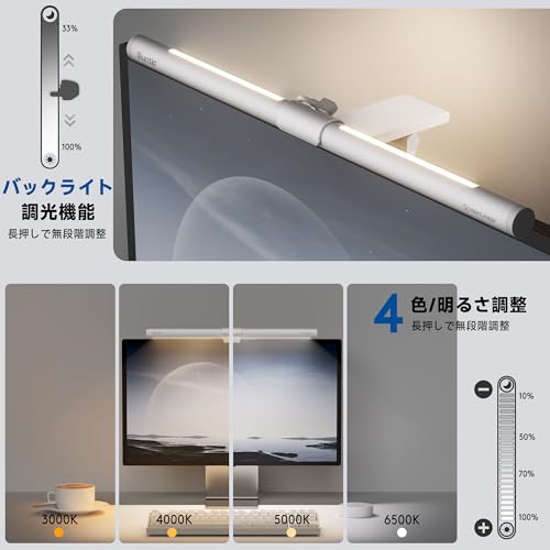 Quntis モニターライト USB給電 デスクライト 目に優しい 反射防止 色温度調節可能 CRI>95 湾曲モニター対応 無線リモコン付き 在宅ワーク/ゲーミング/勉強用 プレゼント対応 Glow White