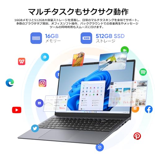 【ノートパソコン Office2024搭載 Win11 Pro】15.6インチ パソコン Core m3-8100Y 最大3.4GHz 16GB メモリ 512GB SSD ノートパソコン 1.6kg 薄型 軽量 FHD 1920×1080 英語キーボード ノートpc テンキー付き/WiFi5/BT5/Webカメラ/USB3.0/HDポート 在宅勤務 テレワーク 学生向け laptop グレー