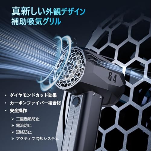 X64 ミニハリケーンターボファン（カー用ブロワー）​ 1400gの瞬間推力と66m/s（240km/h）の風速を実現。4000mAh大容量ワイヤレスバッテリーを搭載し、パティオ清掃や車体乾燥に最適化。