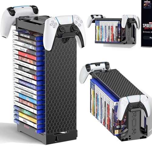 ゲームソフト 収納 スタンド 1層 20枚 PS5/PS4/Switch/Xbox向けの ディスク収納 ラック ヘッドホン コントローラー スタンド 省スペース 横置き 縦置き 壁掛け ゲームカード タワー 簡単組立 大容量