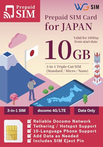【NTT docomo プリペイドSIMカード】10GB 180日間 SIMピン付属 データ通信専用プリペイドSIM 日本国内用 4G/LTE対応 マルチカットsim(標準/マイクロ/ナノ) 簡単設定 即日利用可能 リチャージ可能 [Prepaid SIM Card] Data-Only 10GB