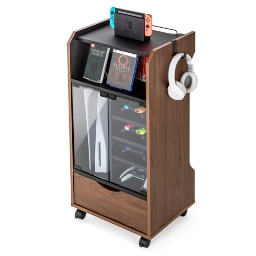 サンワダイレクト ゲームラック ガラス扉 UVカット 幅46.2×奥行37×高さ90cm キャスター付き 可動棚×3枚 フック×2個 PS5対応 ゲーム機 収納 木目×ブラック 200-CB066DBRMX