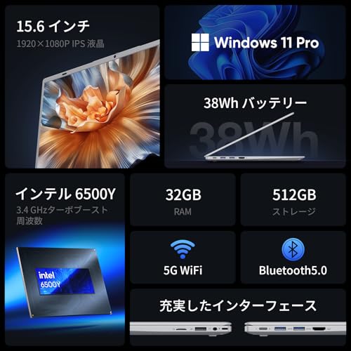 UOWAMOU Office 2024搭載 ノートパソコン 15.6型 6500Y 32+512GB ラップトップ1920×1080 IPS液晶スクリーン Win11 Pro 薄型ノートpc 高速放熱 静音Laptop USB3.2 Gen1×2 /USB2.0×1/HDMI/Type-C/TFカード対応WIFI5/BT5.0/テンキー付き 日本語キーボードカバー