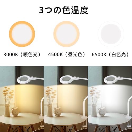 LUCKOOK 拡大鏡 スタンド LED ライト付き 3倍 卓上ルーペ クランプ式 デスクライト 調光調色 10W 明るい USB給電 目に優しい 撮影 自撮 新聞 読書 手芸 精密作業 高齢者 モデル製作 修理 電子工作 便利 省スペース（ホワイト）