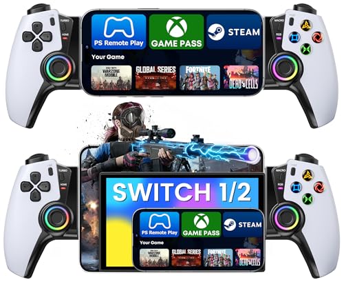 スマホコントローラー iOS/Android/Switch 2/Switch/OLED Bluetooth ゲームコントローラー PS Remote Play/Xbox Cloud/Steam Link/GeForce Now/Call of Duty/Robloxゲームなど対応 200㎜までの伸縮型 マクロ機能 RGB1000mAhバッテリー LEDライト白