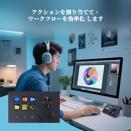 ActionRing PCワークやライブ配信向けのストリームコントローラーデック、 ビデオや画像編集用の左手デバイス、作業効率化デバイス