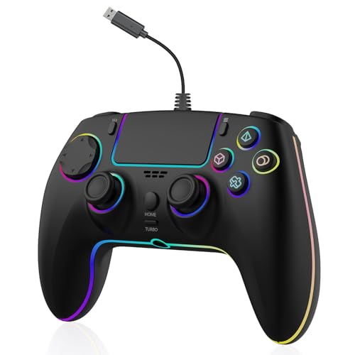 RGB 有線ゲームコントローラー PlayStation 5用 交換用ゲームパッド ホールエフェクトトリガー付き PS-5 & Windows PC ダブル振動モーションセンシングジョイスティック リモートジョイパッド ターボ付き マクロマッピング (ブラック)