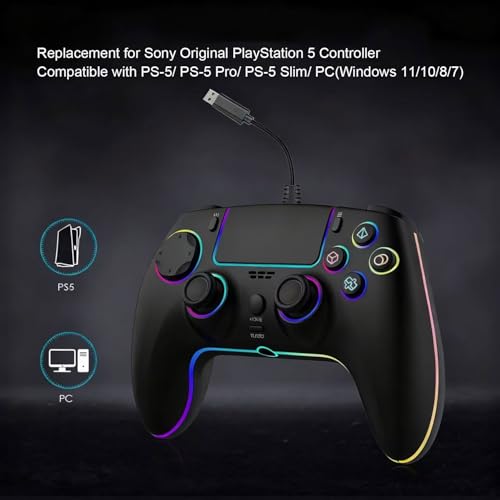 RGB 有線ゲームコントローラー PlayStation 5用 交換用ゲームパッド ホールエフェクトトリガー付き PS-5 & Windows PC ダブル振動モーションセンシングジョイスティック リモートジョイパッド ターボ付き マクロマッピング (ブラック)