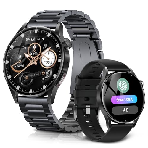 スマートウォッチ ChatGPT【2026最新・第3世代】FOSMET QS40 iPhone アンドロイド対応 Smart Watch 丸型 メンズ 10日間のバッテリー持ち 常時表示 AI文字盤 1.43インチ AMOLEDディスプレイ サファイアガラス搭載 通知や通話機能付き自動運動検知 3ATM防水 付属ベルト2本 (ブラック)