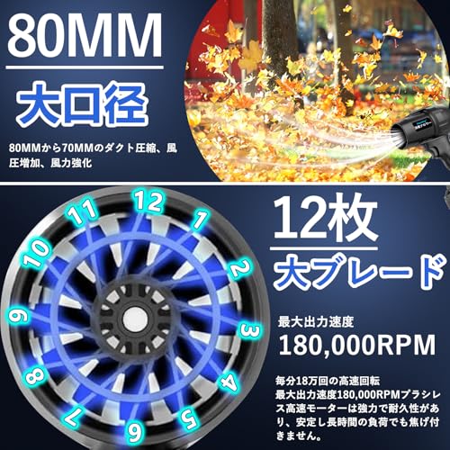 [2026昇級版] ブロワー 強力 洗車 ブロアー 無段階変速 残量表示 3000mAh大容量バッテリー 2個搭載 PSE認定 マキタ電池互換 最強 ブロワー 充電式 80m/s大風速 180000RPM 電動エアダスター 80mm風入口 12枚大ファンブレードターボ 軽量コードレス 小型 耐久性 洗車水滴吹き飛ばし/キーボード掃除/落ち葉/庭掃除/フィギュア 日本語説明書付き