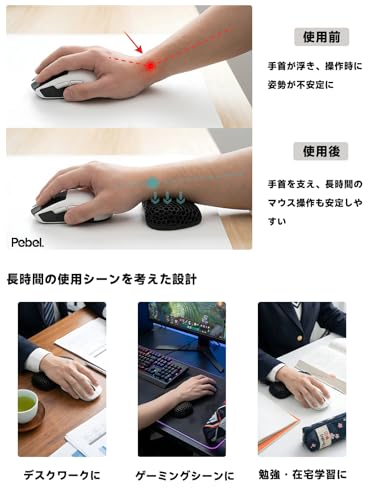 Pebel リストレスト マウス用 パームレスト 手首置き ハニカム構造 超通気性 蒸れない 洗える 疲労軽減 人間工学 3D立体構造 滑り止め PCゲーム オフィスワーク (ブラック)
