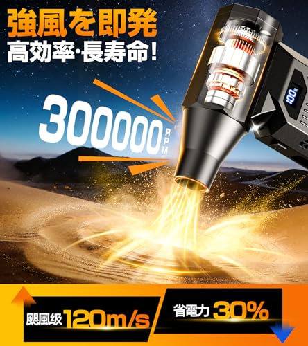 エアダスター 電動エアダスター 最強力ブロワー【超強力暴風· 吹くだけで完全清掃 · LEDライト】300000RPM高速回転 最大風速120m/s 4段階風量調整 5種類ノズル付き 洗車 小型 軽量 Type-C充電式 車内清掃/PC掃除/キーボード用/空気入れ/家庭掃除 コードレス 日本語取扱説明書