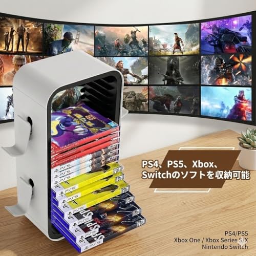 IICGOO ゲームソフト収納 ゲーム機収納ラック【18枚+コントローラーホルダー付き】 Switch/PS5/XBOX対応 収納タワー 幅20×奥行12×高さ40cm 組み立て式 コンパクト (ブラック）