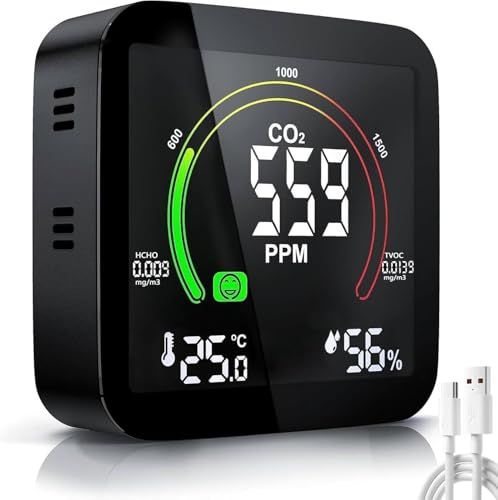 CO2センサー 二酸化炭素濃度計 5 in 1 CO2 測定器 REMALL 温湿度計 高精度 二酸化炭素検出器 CO2モニター 軽量 高濃度警報機能 USB充電式 LCD大画面ディスプレイポータブルホームオフィスホテルデスクトップ空気品質テスター C2