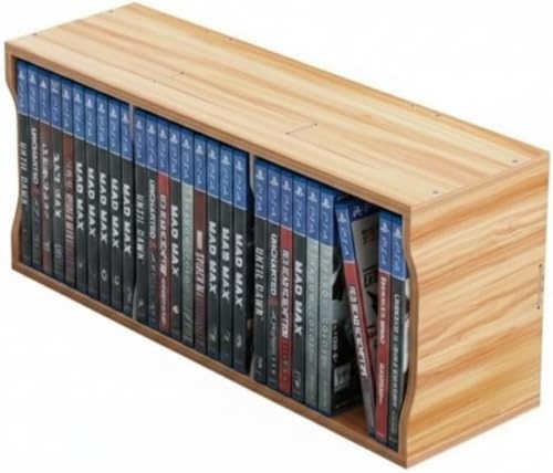 fancyfly木製 CD・ゲームディスク収納棚 デスクトップ用 47×15×20cm ・PS4 ディスク整理・展示スタンドゲームソフト整理棚、CD コレクション棚、ディスク展示ラック、デスク上 CD 収納、木製ディスクホルダー (横3コマPSラック-胡桃木色)