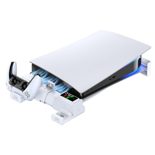 PS5 Pro/初期型PS5/PS5 Slim対応 横置きスタンド 転倒防止 冷却ファン 3段階風速調節 急速充電 コントローラー充電スタンド 2台同時充電 インジケーター付き